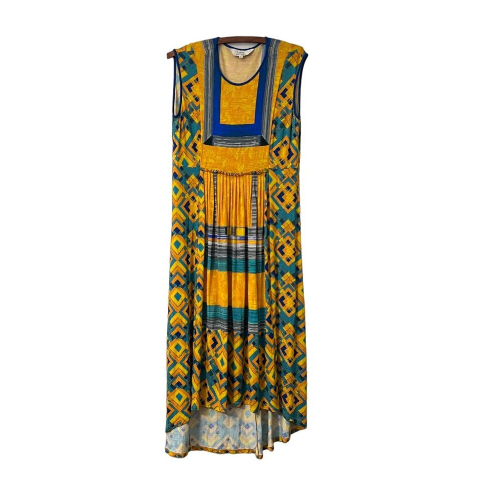 Label RituKumar Yellow Blue Pleated Ruffle Geometric Sleeveless Maxi Dress M